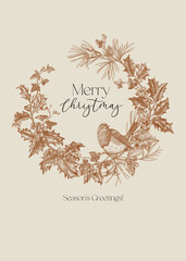 Christmas greeting card with floral wreath and bird in brown color. The wreath features holly branches, pine, ivy, pine cones, and berries.