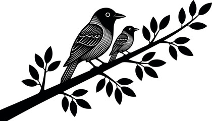 Birds sitting on tree branch silhouette illustration, peaceful wildlife nature scene isolated on white background vector artwork