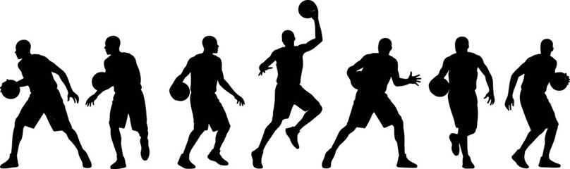 Basketball player action silhouette set, dribbling jumping shooting poses isolated on white background vector illustration