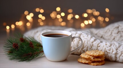 Obraz premium Cozy winter scene with a warm cup of coffee, cookies, and festive decorations perfect for holiday ambiance and seasonal comfort