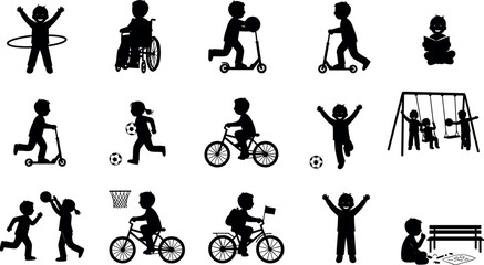 Children activity silhouette vector set showing kids playing sports, riding bikes, scooters, reading and playground fun isolated