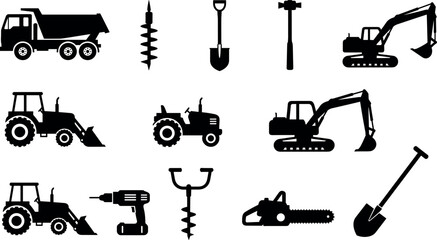 Construction machinery and tools silhouette icon set including excavator tractor dump truck drill shovel hammer auger chainsaw vector © Emon