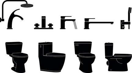 Modern black bathroom plumbing fixtures set, toilet sink faucet shower icons isolated on white background vector illustration
