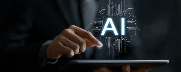 Artificial intelligence concept with glowing AI letters and digital circuit on tablet held by person