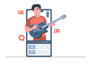A man performs music in a virtual event or live online broadcast. Generation Z vector illustration. Flat illustration concept.
