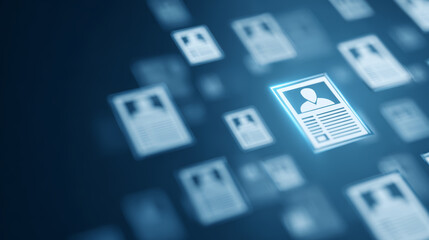 Digital profile selection concept with glowing candidate resume icons floating in blue space for recruitment or hiring