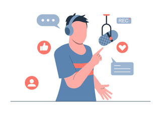 A man who is creating content for a podcast, broadcasting live on social media platforms. Generation Z vector illustration. Flat illustration concept.