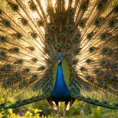 A peacock displaying its vibrant elaborate tail feathers in full