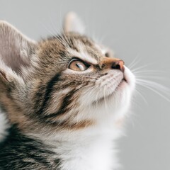 Obraz premium curious kitten looking up, clean minimal background, soft daylight, copy space