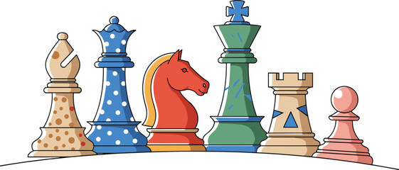 Colorful chess pieces collection including king queen knight bishop rook and pawn, creative strategy concept illustration, modern game competition vector. © Mim's World
