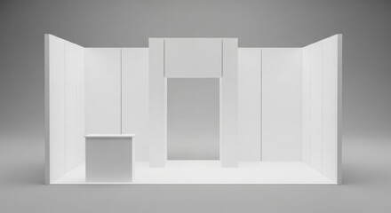 Empty white exhibition stand with a counter and central archway, ready for branding and display.