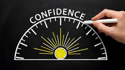Hand drawing a confidence meter on a chalkboard symbolizing personal growth and high selfesteem achievement