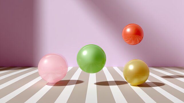 Colorful Bouncing Balls in a Bright Room with Soft Shadows on a Striped Floor