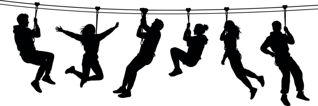 Silhouettes of people hanging from bar, playful poses, climbing motion, recreation, teamwork, black vector, flavector