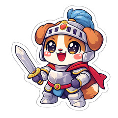 Adorable Chibi Cartoon Dog Knight with Sword Sticker Illustration