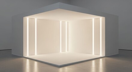 Minimalist white geometric art installation featuring glowing vertical light strips within an open corner structure.