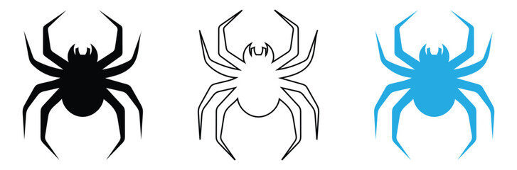 Spider silhouettes in black, white, and blue on white background,Spider silhouette. Halloween scary spider decoration. Arachnid, widow, tarantula spider logo icon.Spider icons set. 