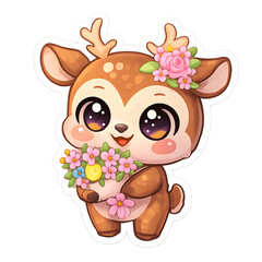 Adorable Cartoon Deer Sticker with Big Eyes and Floral Bouquet, Whimsical and Cute Fawn Illustration for Kids