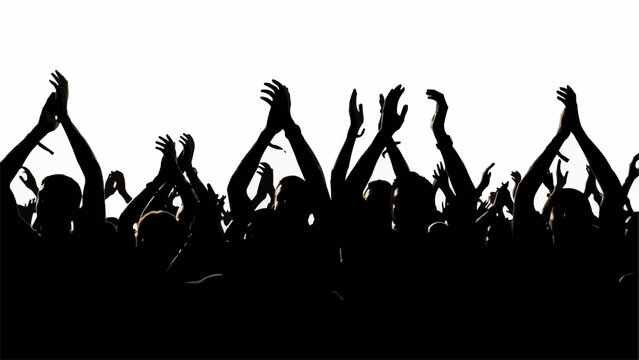 Crowd of people cheering and clapping with hands raised in silhouette.