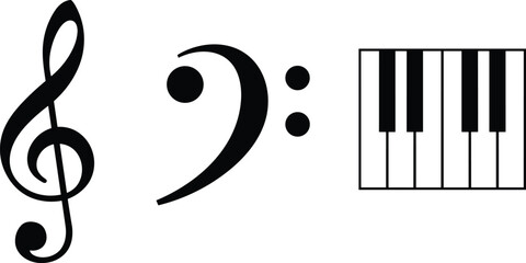 Music theory vector collection featuring black and white silhouettes of a treble clef, bass clef, and a piano keyboard section. © Mim's World