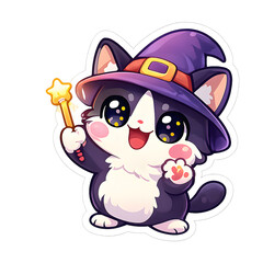 Adorable Cartoon Cat Witch Holding a Sparkling Magic Wand - Cute Halloween Sticker Illustration