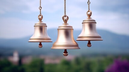 Obraz premium Three Elegant Golden Bells Hanging Against a Soft Blurred Nature Background with Gentle Bokeh Effect and Scenic Mountain View