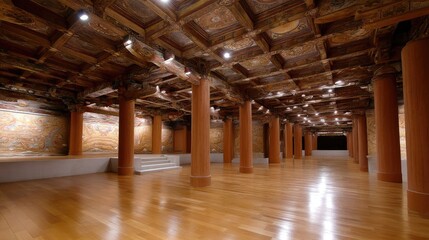 Naklejka premium Vast Interior of an Exquisite Historical Hall with Ornate Wooden Ceiling and Elegant Columns Showcasing Detailed Craftsmanship and Spacious Design