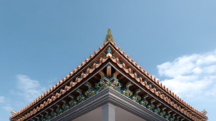 Fototapeta premium Elegant Architectural Detail of Traditional Asian Roof Against Clear Sky with Decorative Elements and Vibrant Colors Captured in Daylight Setting