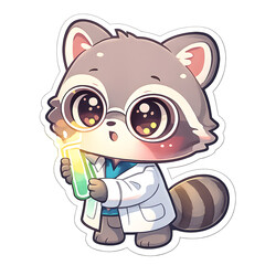 Adorable Chibi Raccoon Scientist with Glowing Test Tube - Cute Cartoon Animal in Lab Coat Doing Experiment