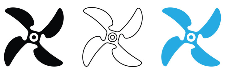 Propeller icons in black, outline, and blue for design projects.fan icon vector,propeller icon set. flat design fan propellers vector isolated on white background.