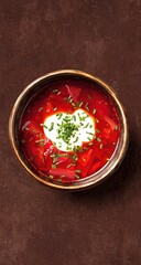 Red soup in a bowl, topped with sour cream and herbs