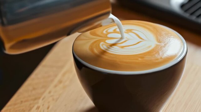Coffee art being poured into a dark mug, creating a pattern