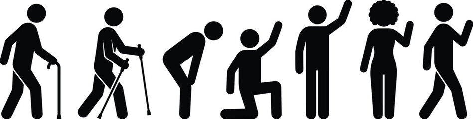 Human life stages silhouette icons, aging, struggle, recovery and success concept, personal growth journey, resilience, health, lifestyle evolution