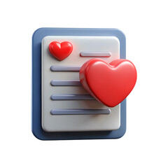 3d red hearts on a document icon symbolizing love and information transparent background