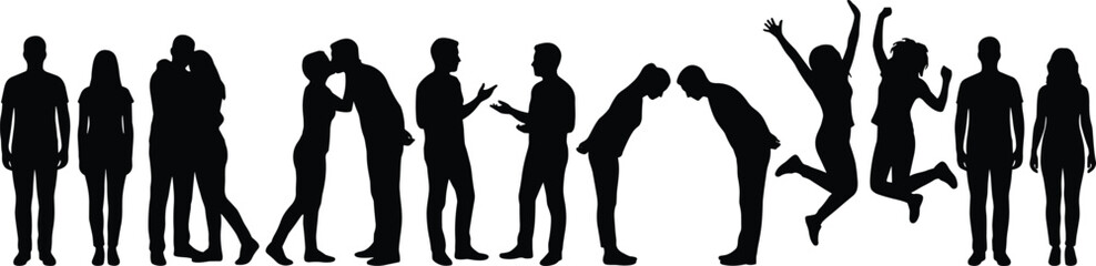 People interaction silhouettes collection, couples arguing, talking, kissing, celebrating, emotions, relationships, communication, social behavior, lifestyle concept