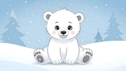 Fototapeta premium Charming Baby Polar Bear Sitting Comfortably in Snowy Winter Scene