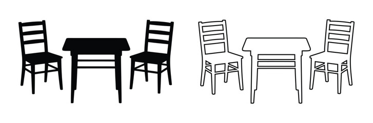 Minimalist dining table and chair silhouettes in black and white.Wooden chair.Chair icon set in flat style.Chair and Seating icons silhouettes vector design template.modern soft fabric office 