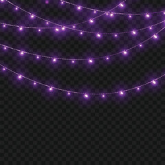 Christmas Purple Glowing String Lights Garland Border on Transparent Background. Vector