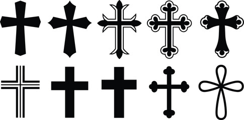 Christian cross icon collection set, religious symbol silhouettes, black minimal vector designs for church faith worship branding illustration graphic pack