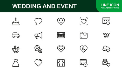 Wedding and Event Professional Line Icon Set with Modern Minimalist Vector Design for Elegant Celebrations and Special Occasions