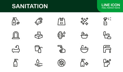 Sanitation Essentials Modern Line Icon Collection – Professional Vector Icon Set for Cleanliness and Hygiene Themes