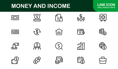 Modern Money Line Icon Set – Professional minimal outline icons for finance, income, and investment in crisp vector style.