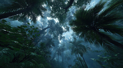  Tropical Rainforest Low-angle View: Mist-covered Tall Palm Trees and Lush Vegetation