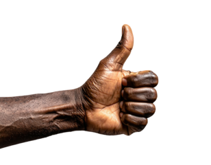 Close-up of a dark-skinned hand giving a thumbs-up against black