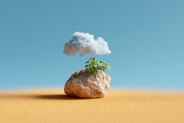Small, light beige rock in sandy landscape, with a fluffy white cloud and small green plants on top