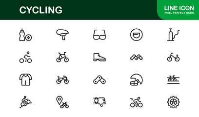 Cycling essentials in modern line icon set featuring minimal, stylish, and versatile illustrations of biking, gear, helmets, and sports accessories. Perfect for premium digital content.