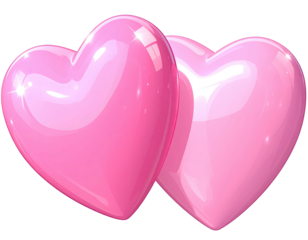 Two glossy, pink hearts overlapping on a black background