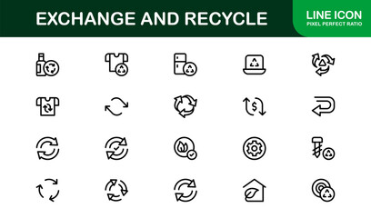 Professional line icon pack for recycling and trade – Modern unique outline symbols for sustainability, economy, and green investment concepts.