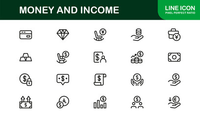 Modern Money Line Icon Set – Professional minimal outline icons for finance, income, and investment in crisp vector style.