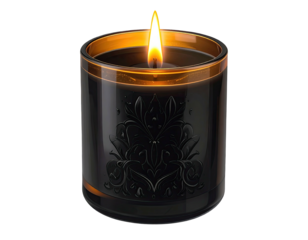 Lit candle in a black glass container with ornate, embossed detailing